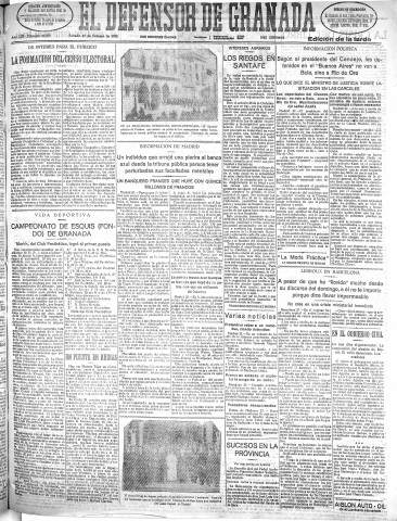 'El Defensor de Granada  : diario político independiente' - Año LIII Número 27997 Ed. Tarde - 1932 Febrero 27
