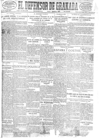 'El Defensor de Granada  : diario político independiente' - Año LIII Número 28052 Ed. Mañana - 1932 Abril 01