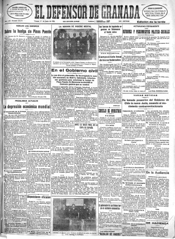 'El Defensor de Granada  : diario político independiente' - Año LIII Número 28177 Ed. Tarde - 1932 Junio 17