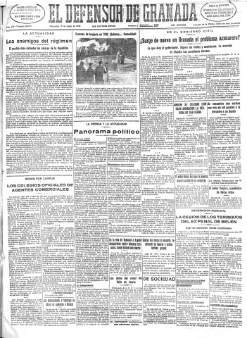 'El Defensor de Granada  : diario político independiente' - Año LIII Número 28192 Ed. Mañana - 1932 Junio 29