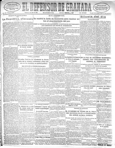 'El Defensor de Granada  : diario político independiente' - Año LIII Número 28213 Ed. Mañana - 1932 Julio 22