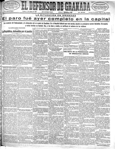 'El Defensor de Granada  : diario político independiente' - Año LIII Número 28231 Ed. Mañana - 1932 Agosto 12