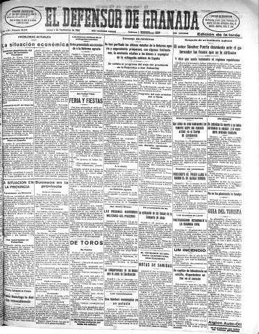 'El Defensor de Granada  : diario político independiente' - Año LIII Número 28258 Ed. Tarde - 1932 Septiembre 08