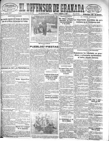'El Defensor de Granada  : diario político independiente' - Año LIII Número 28260 Ed. Tarde - 1932 Septiembre 10