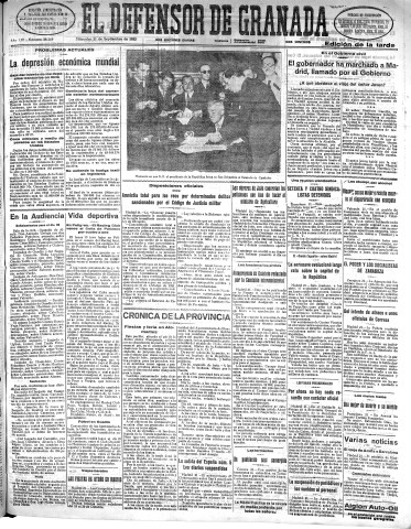 'El Defensor de Granada  : diario político independiente' - Año LIII Número 28269 Ed. Tarde - 1932 Septiembre 21