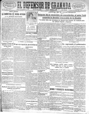 'El Defensor de Granada  : diario político independiente' - Año LIII Número 28276 Ed. Mañana - 1932 Septiembre 24