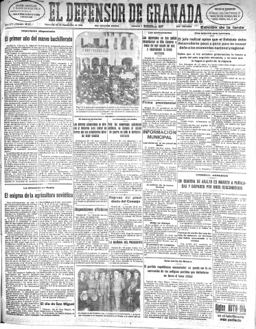 'El Defensor de Granada  : diario político independiente' - Año LIII Número 28283 Ed. Tarde - 1932 Septiembre 28