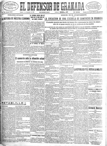 'El Defensor de Granada  : diario político independiente' - Año LIII Número 28397 Ed. Mañana - 1932 Diciembre 03
