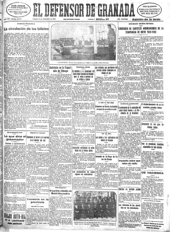 'El Defensor de Granada  : diario político independiente' - Año LIII Número 28410 Ed. Tarde - 1932 Diciembre 10