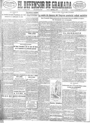 'El Defensor de Granada  : diario político independiente' - Año LIII Número 28425 Ed. Mañana - 1932 Diciembre 20