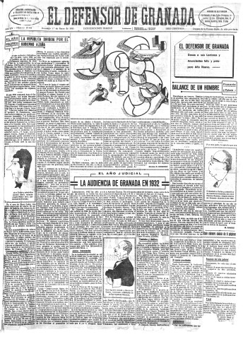 'El Defensor de Granada  : diario político independiente' - Año LIV Número 28445 Ed. Mañana - 1933 Enero 01