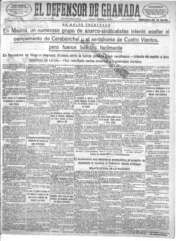 'El Defensor de Granada  : diario político independiente' - Año LIV Número 28458 Ed. Tarde - 1933 Enero 09