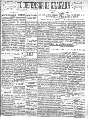 'El Defensor de Granada  : diario político independiente' - Año LIV Número 28467 Ed. Mañana - 1933 Enero 14