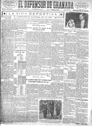 'El Defensor de Granada  : diario político independiente' - Año LIV Número 28470 Ed. Tarde - 1933 Enero 16