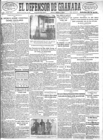 'El Defensor de Granada  : diario político independiente' - Año LIV Número 28474 Ed. Tarde - 1933 Enero 18