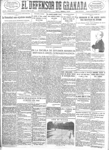 'El Defensor de Granada  : diario político independiente' - Año LIV Número 28487 Ed. Mañana - 1933 Enero 26