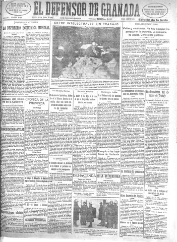 'El Defensor de Granada  : diario político independiente' - Año LIV Número 28492 Ed. Tarde - 1933 Enero 28