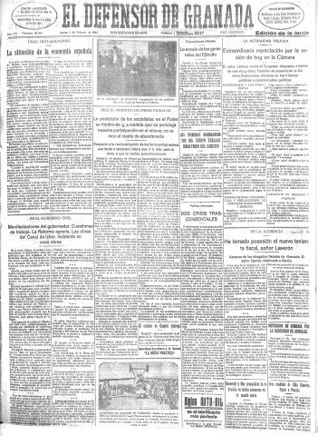 'El Defensor de Granada  : diario político independiente' - Año LIV Número 28500 Ed. Tarde - 1933 Febrero 02