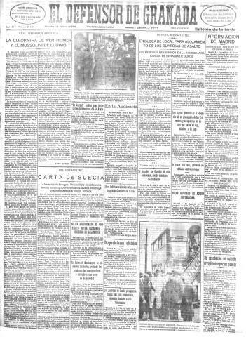 'El Defensor de Granada  : diario político independiente' - Año LIV Número 28510 Ed. Tarde - 1933 Febrero 08