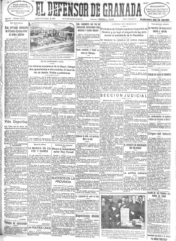 'El Defensor de Granada  : diario político independiente' - Año LIV Número 28512 Ed. Tarde - 1933 Febrero 09
