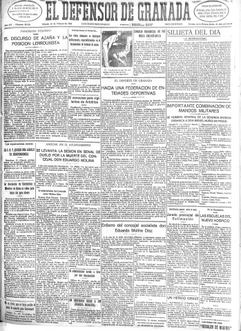 'El Defensor de Granada  : diario político independiente' - Año LIV Número 28526 Ed. Mañana - 1933 Febrero 18