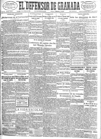 'El Defensor de Granada  : diario político independiente' - Año LIV Número 28528 Ed. Mañana - 1933 Febrero 19
