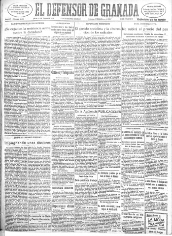 'El Defensor de Granada  : diario político independiente' - Año LIV Número 28535 Ed. Tarde - 1933 Febrero 23