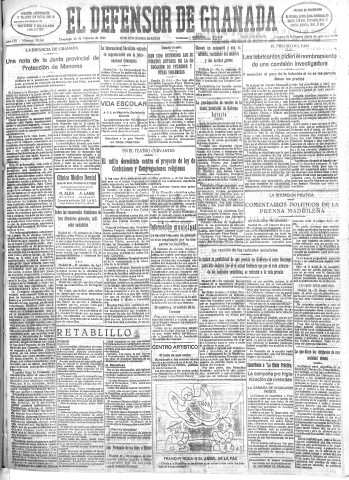 'El Defensor de Granada  : diario político independiente' - Año LIV Número 28540 Ed. Mañana - 1933 Febrero 26