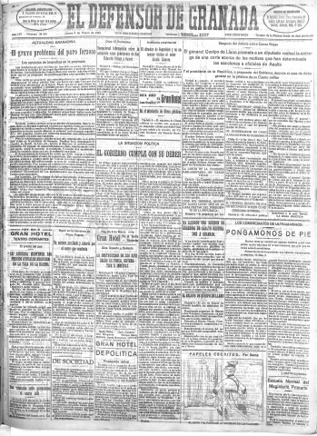 'El Defensor de Granada  : diario político independiente' - Año LIV Número 28558 Ed. Mañana - 1933 Marzo 09