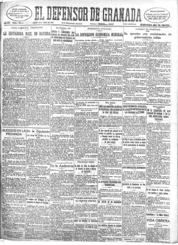 'El Defensor de Granada  : diario político independiente' - Año LIV Número 28567 Ed. Tarde - 1933 Marzo 14
