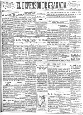 'El Defensor de Granada  : diario político independiente' - Año LIV Número 28584 Ed. Mañana - 1933 Marzo 24