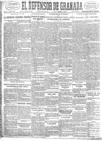 'El Defensor de Granada  : diario político independiente' - Año LIV Número 28585 Ed. Tarde - 1933 Marzo 24