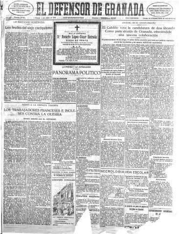 'El Defensor de Granada  : diario político independiente' - Año LIV Número 28598 Ed. Mañana - 1933 Abril 01