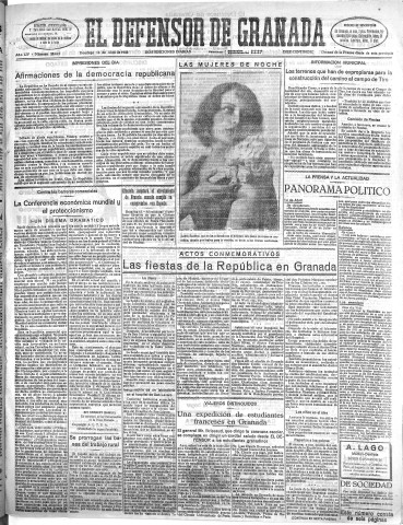 'El Defensor de Granada  : diario político independiente' - Año LIV Número 28622 Ed. Mañana - 1933 Abril 16