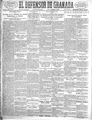 'El Defensor de Granada  : diario político independiente' - Año LIV Número 28629 Ed. Tarde - 1933 Abril 20