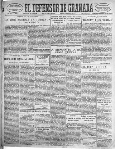 'El Defensor de Granada  : diario político independiente' - Año LIV Número 28638 Ed. Mañana - 1933 Abril 26