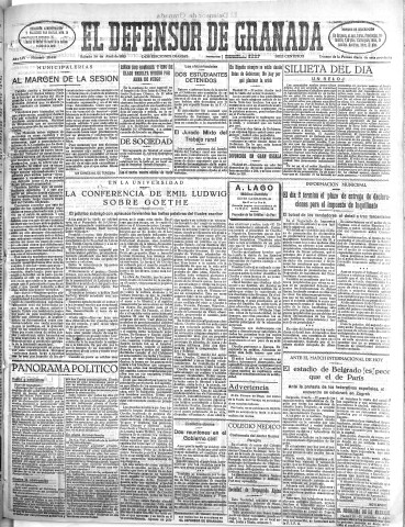 'El Defensor de Granada  : diario político independiente' - Año LIV Número 28646 Ed. Mañana - 1933 Abril 30