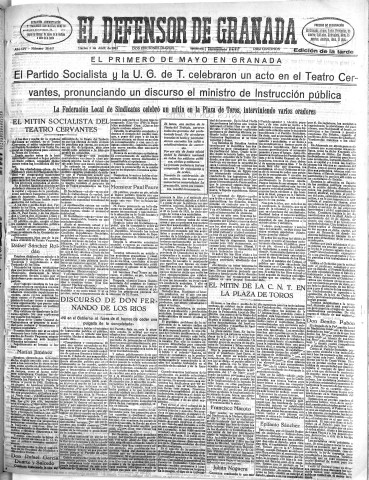 'El Defensor de Granada  : diario político independiente' - Año LIV Número 28647 Ed. Tarde - 1933 Mayo 02