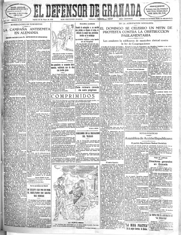 'El Defensor de Granada  : diario político independiente' - Año LIV Número 28681 Ed. Mañana - 1933 Mayo 23