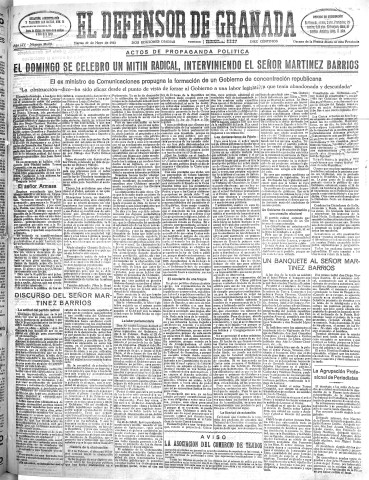 'El Defensor de Granada  : diario político independiente' - Año LIV Número 28693 Ed. Mañana - 1933 Mayo 30