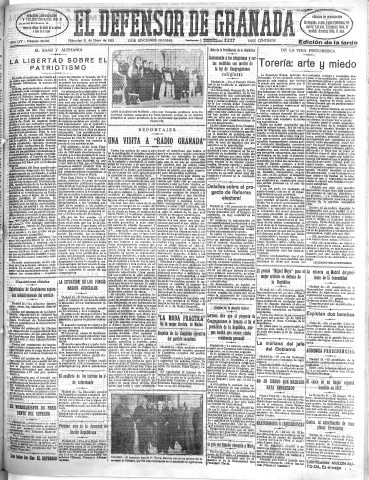 'El Defensor de Granada  : diario político independiente' - Año LIV Número 28696 Ed. Tarde - 1933 Mayo 31