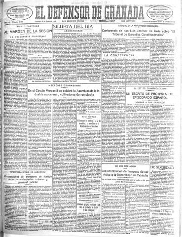 'El Defensor de Granada  : diario político independiente' - Año LIV Número 28703 Ed. Mañana - 1933 Junio 04