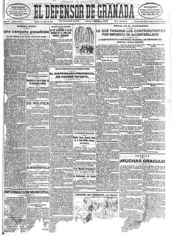 'El Defensor de Granada  : diario político independiente' - Año LIV Número 28747 Ed. Mañana - 1933 Julio 01