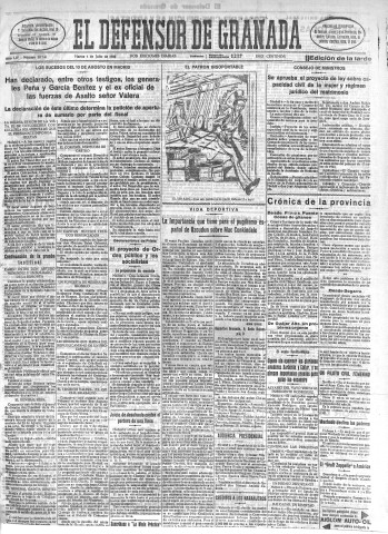 'El Defensor de Granada  : diario político independiente' - Año LIV Número 28746 Ed. Tarde - 1933 Julio 04