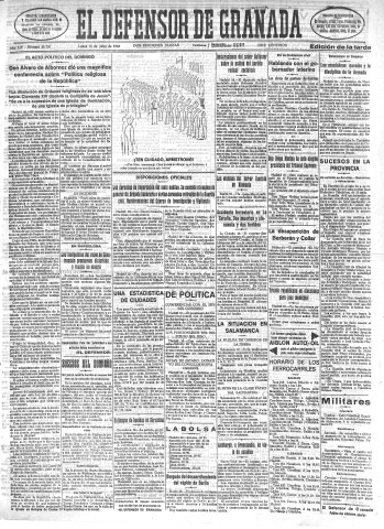 'El Defensor de Granada  : diario político independiente' - Año LIV Número 28756 Ed. Tarde - 1933 Julio 10