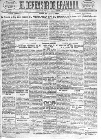 'El Defensor de Granada  : diario político independiente' - Año LIV Número 28771 Ed. Mañana - 1933 Julio 19