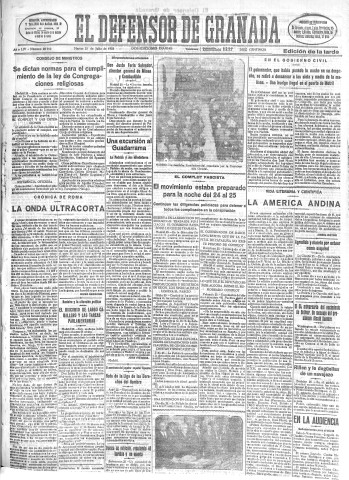 'El Defensor de Granada  : diario político independiente' - Año LIV Número 28782 Ed. Tarde - 1933 Julio 25