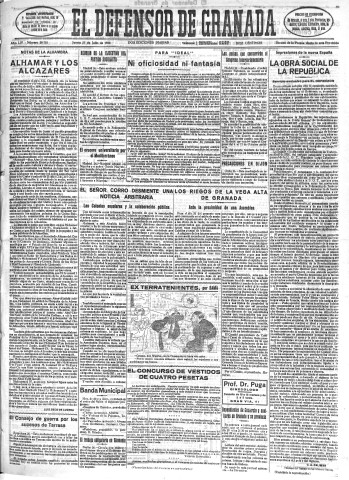 'El Defensor de Granada  : diario político independiente' - Año LIV Número 28785 Ed. Mañana - 1933 Julio 27