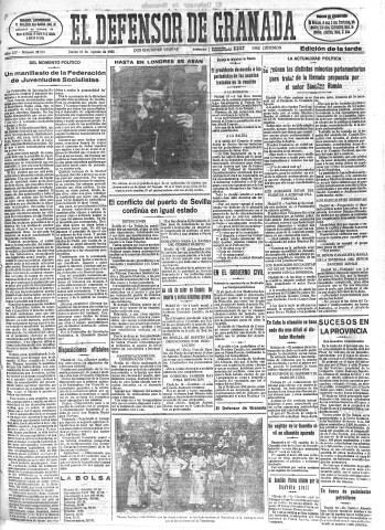 'El Defensor de Granada  : diario político independiente' - Año LIV Número 28810 Ed. Tarde - 1933 Agosto 10