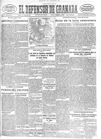 'El Defensor de Granada  : diario político independiente' - Año LIV Número 28811 Ed. Mañana - 1933 Agosto 11